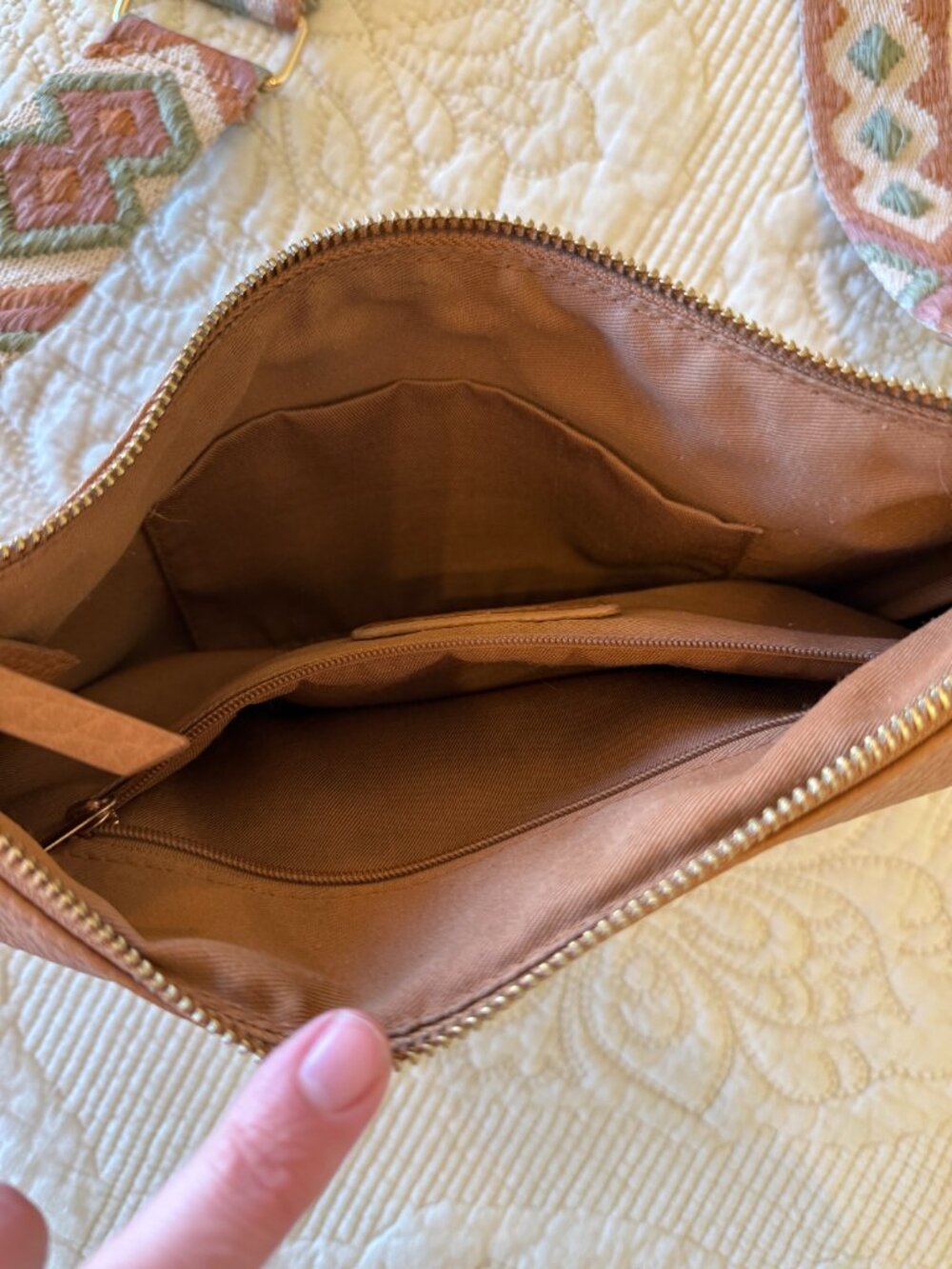 Tan vegan leather crescent crossbody bag with a patterned boho guitar strap - Picture 4 of 7